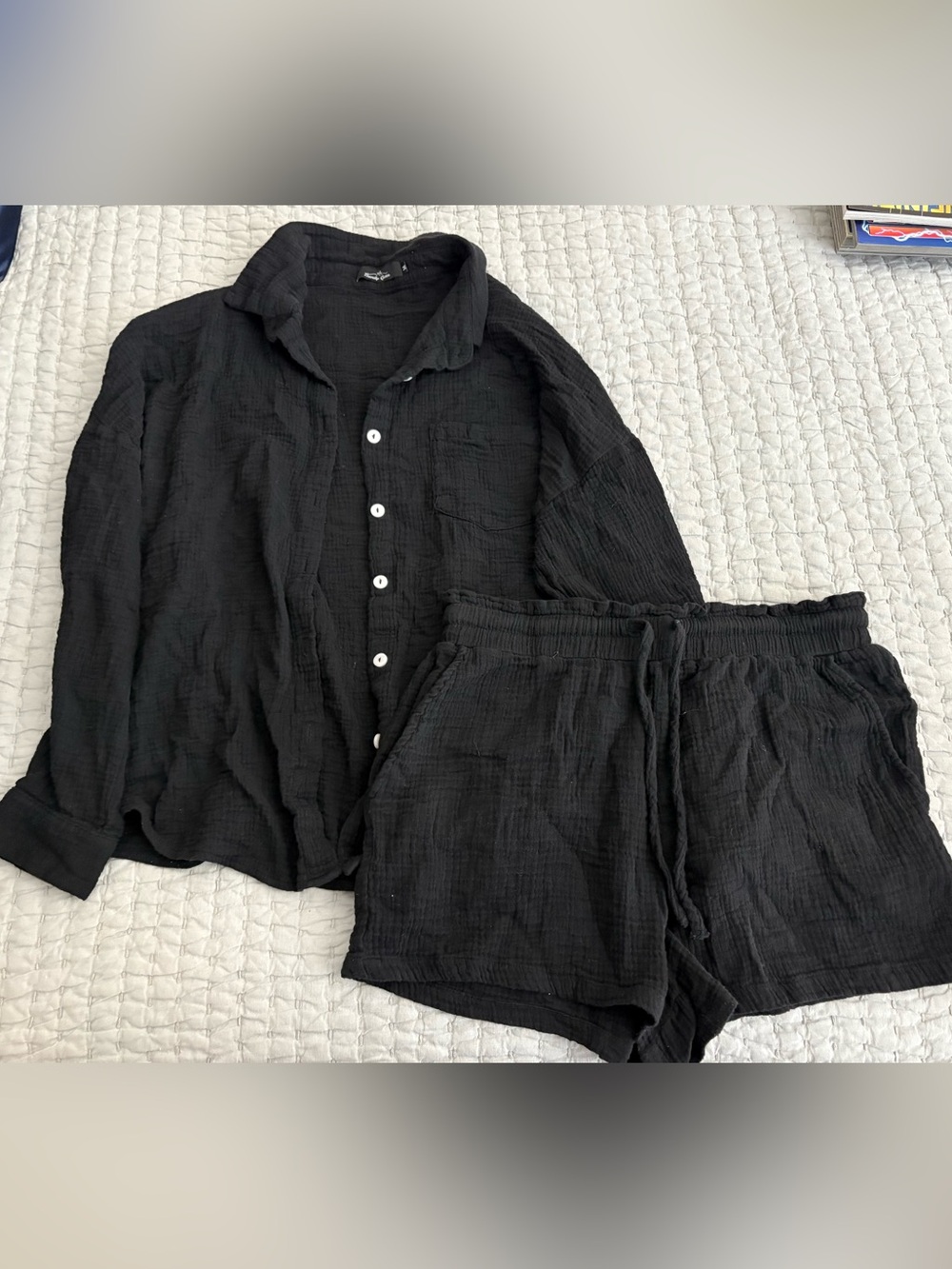 Black Button-Up Shirt & Drawstring Shorts Set